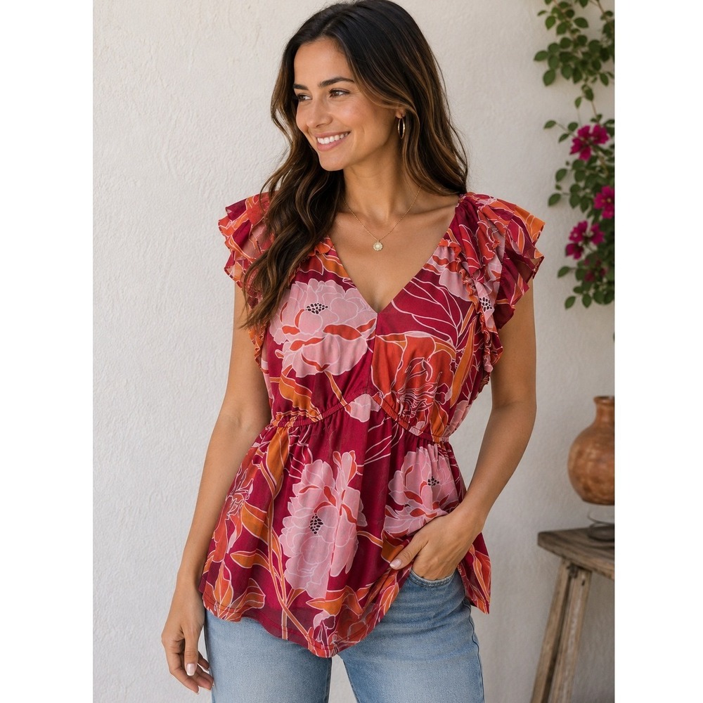 DR2 Women Red Floral Mesh Ruffle Cap Sleeve V-Neck Peplum Top Large Romantic